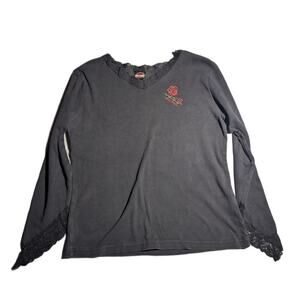 Vtg Y2K Harley Davidson Faded Black Cotton Bell Sleeve Lace Trim Rose Top L